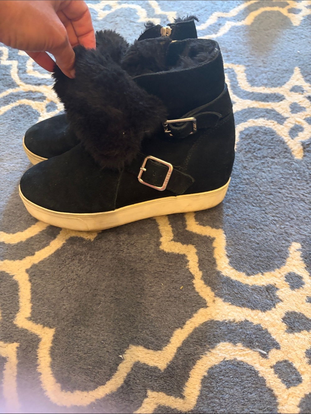 J Slides Black Faux Fur Suede Wedge Sneakers with Buckle